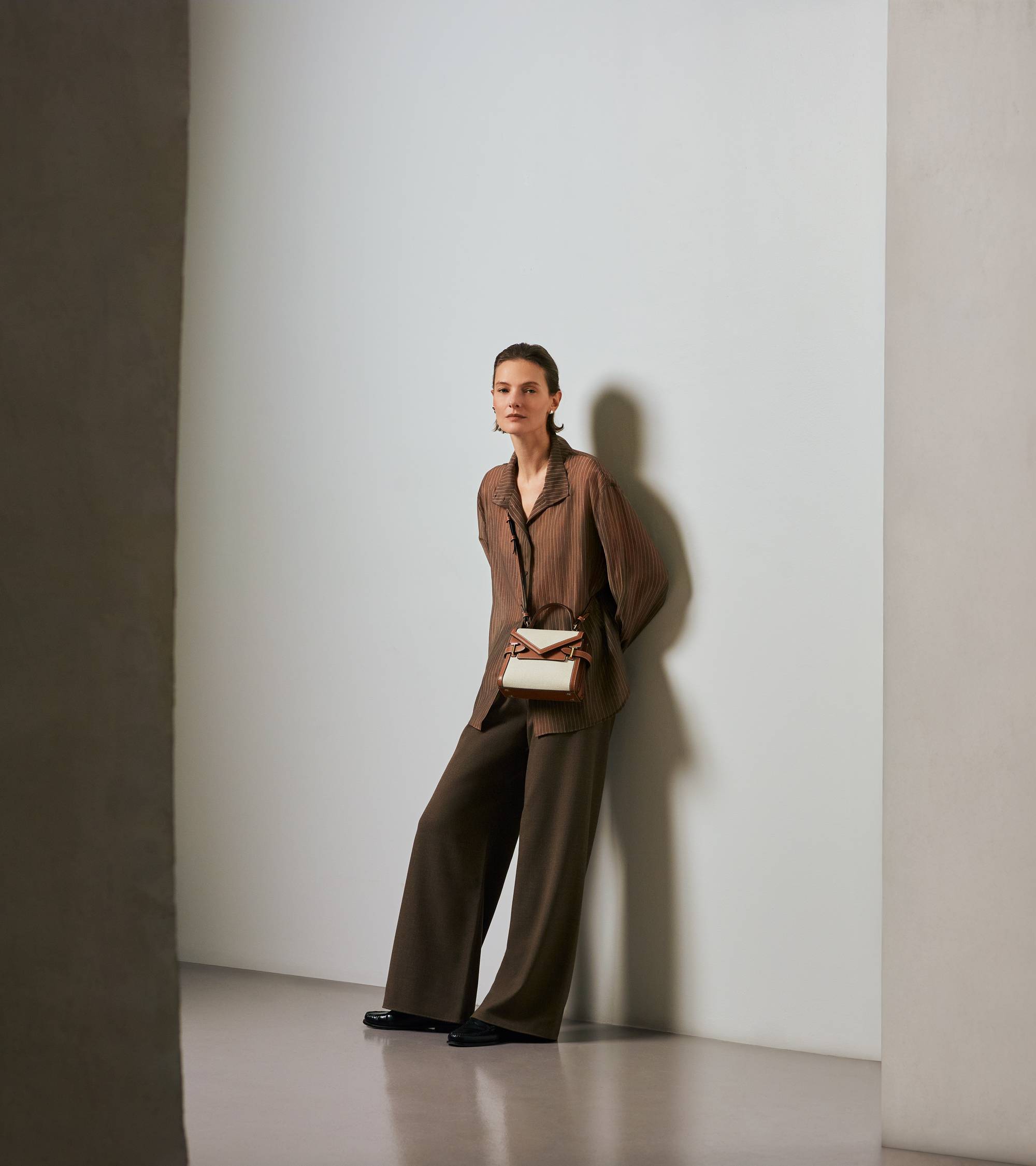 Petit sac à main double rabat Emilie en toile coton et cuir lisse