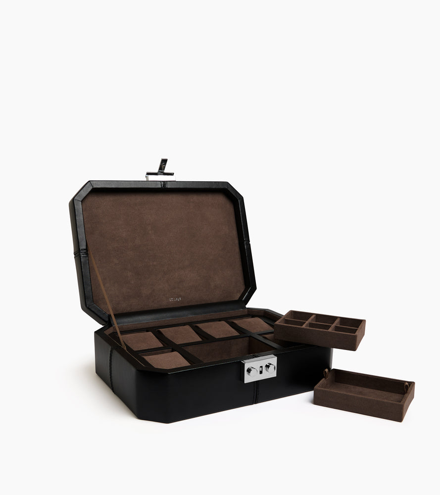 Estuche de cuero para 6 relojes y gemelos