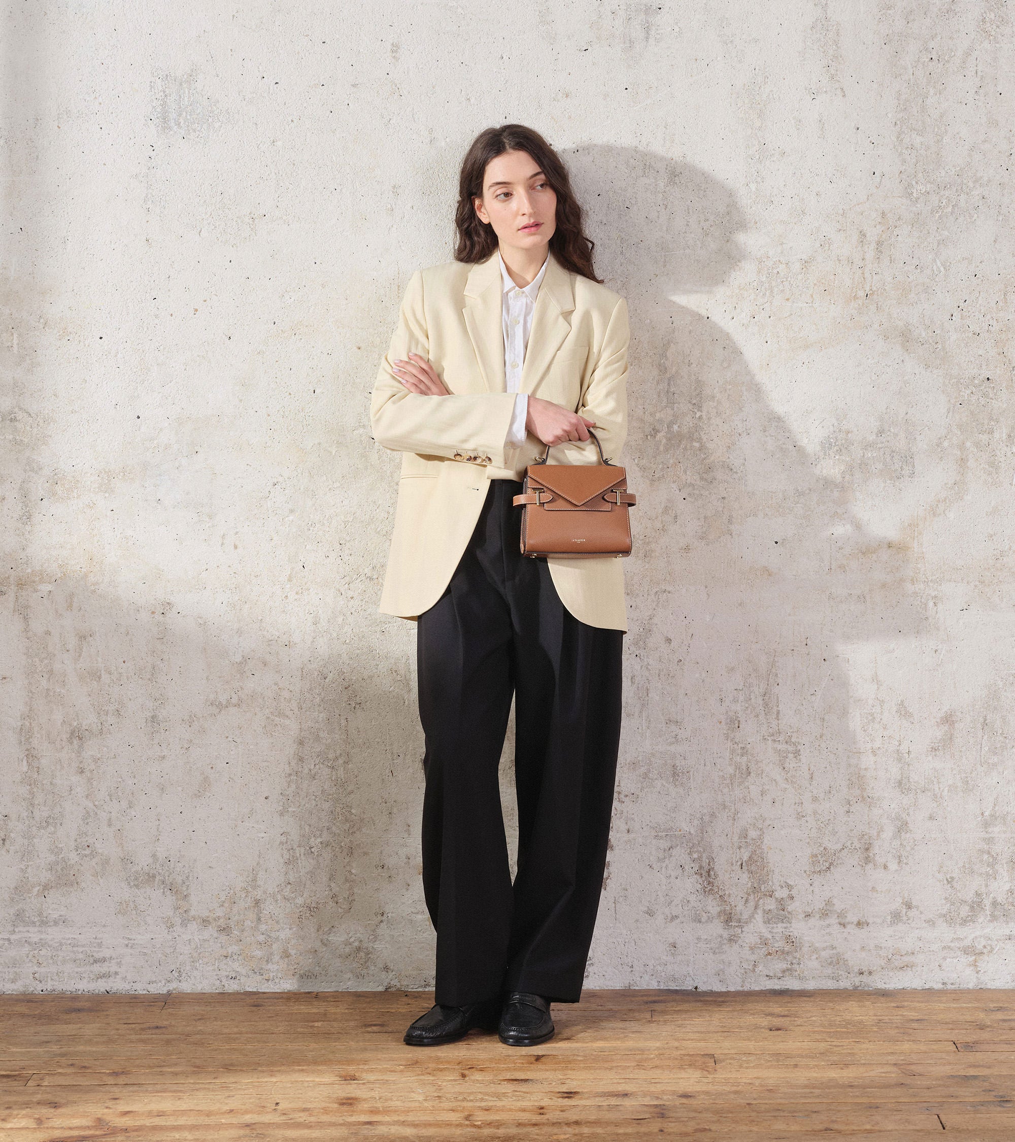 Emilie small grained leather double flap handbag