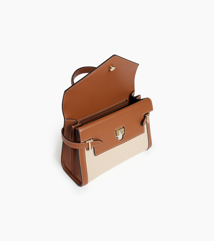 Emilie medium double flap handbag in cotton canvas and smooth leather