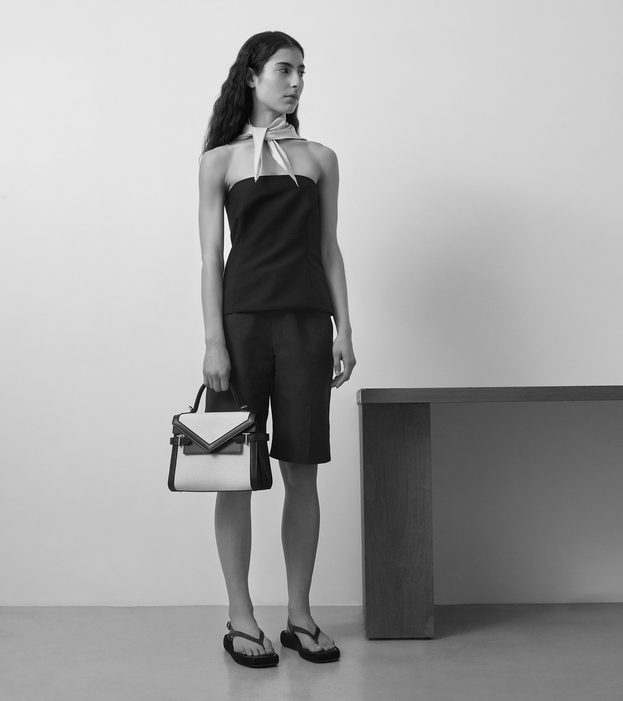 Emilie medium double flap handbag in cotton canvas and smooth leather