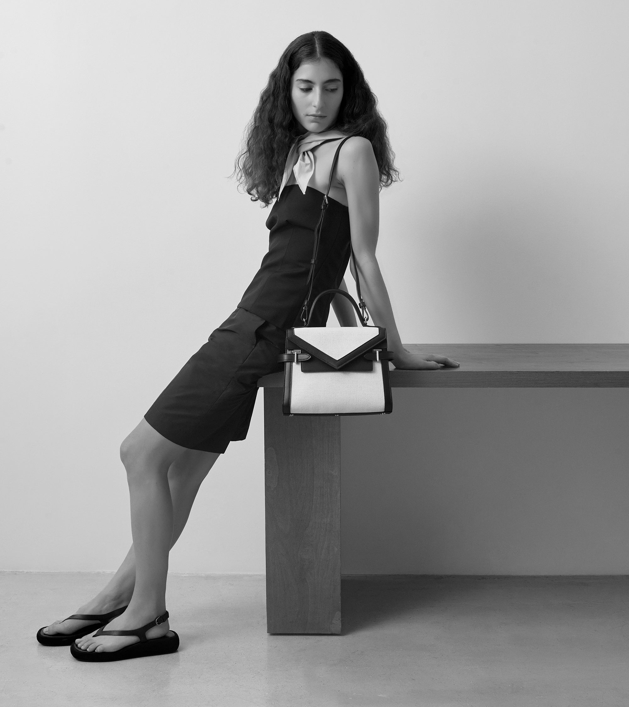 Emilie medium double flap handbag in cotton canvas and smooth leather