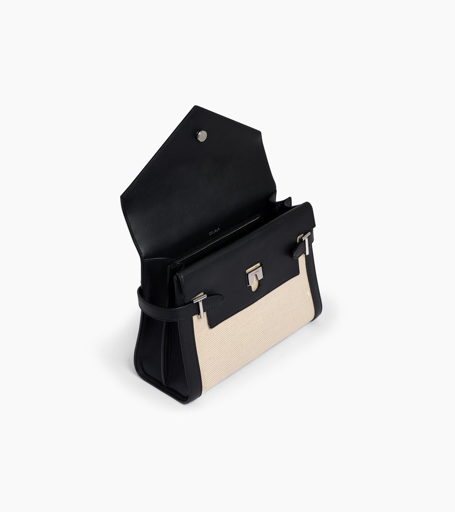 Emilie medium double flap handbag in cotton canvas and smooth leather