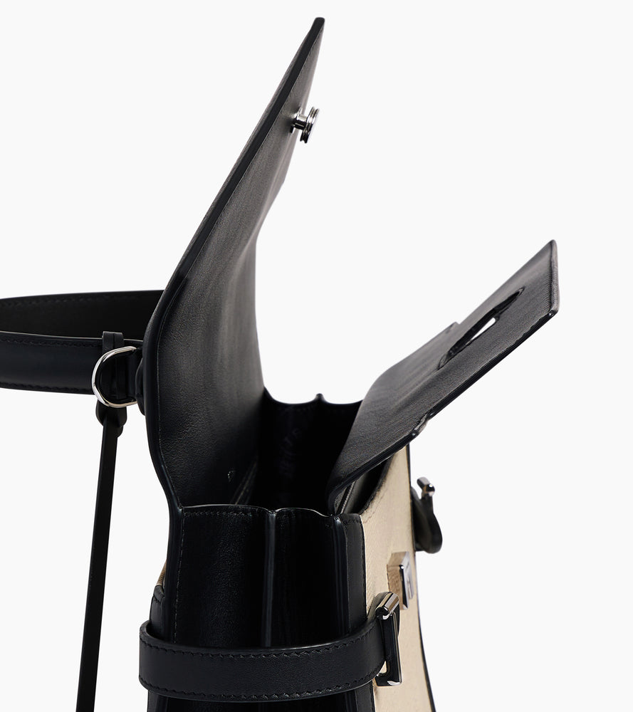 Emilie medium double flap handbag in cotton canvas and smooth leather