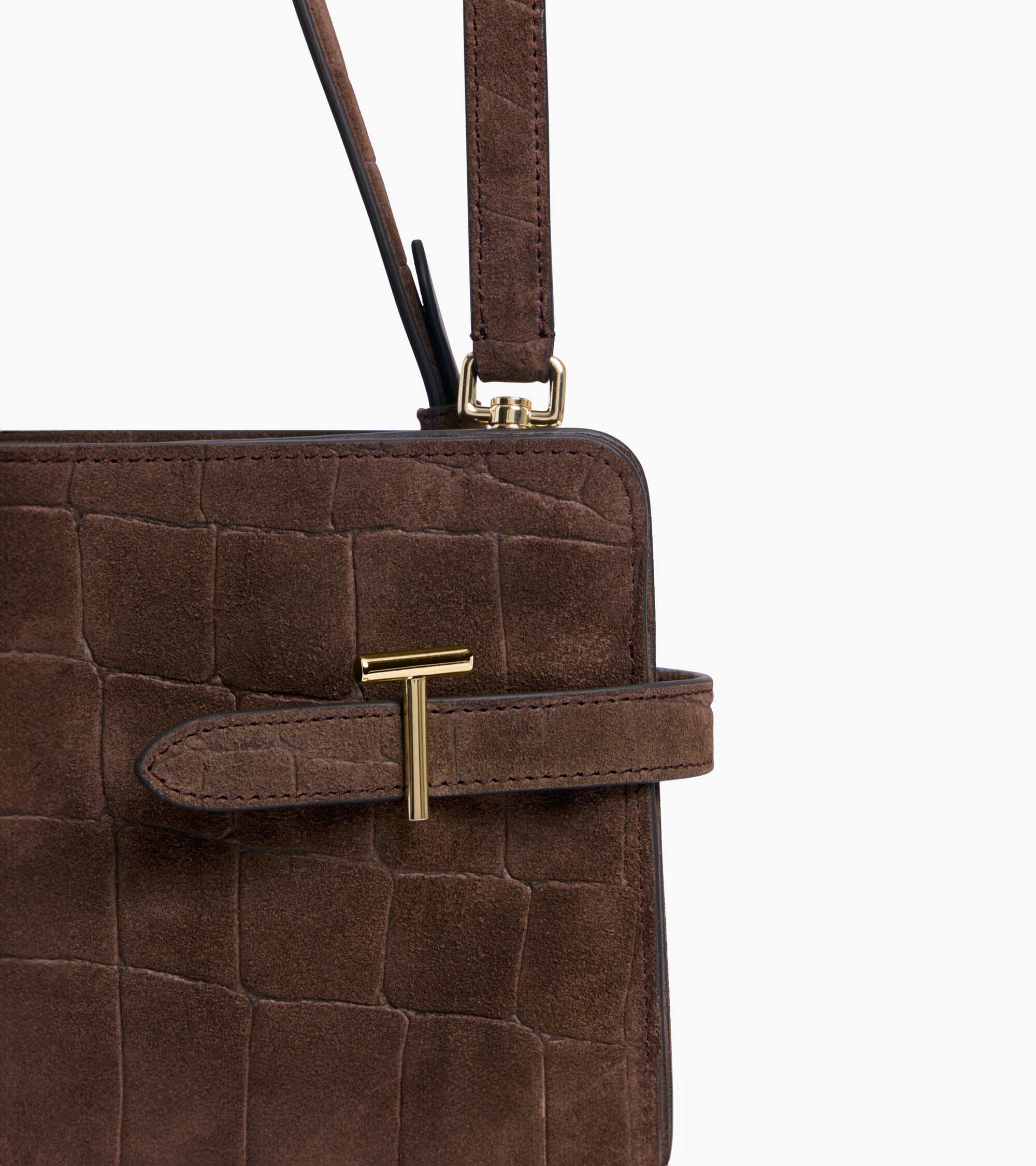 Bolso bandolera grande Emie de piel serraje con acabado de terciopelo efecto cocodrilo