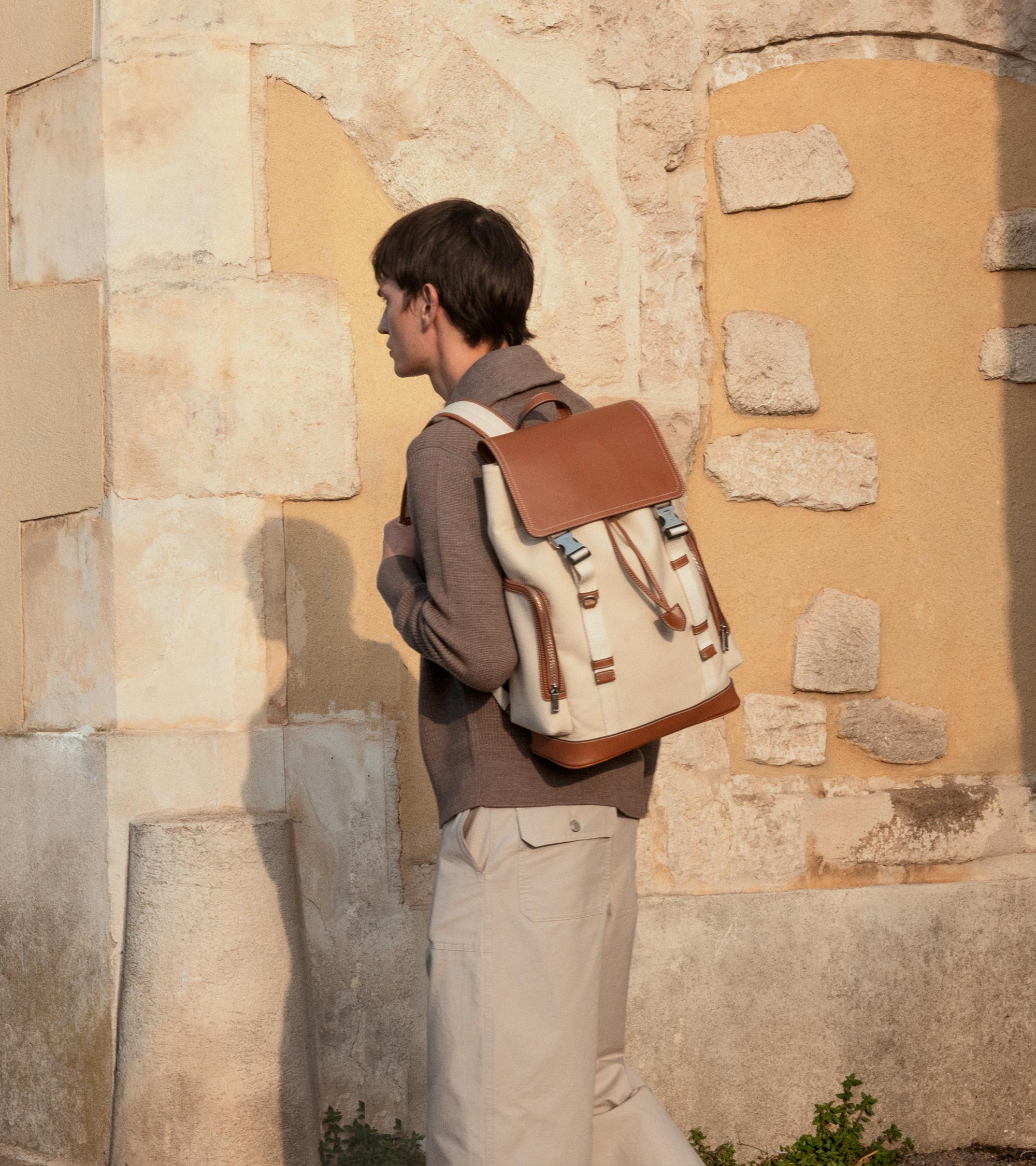 Maurice backpack with flap in cotton canvas and smooth semi-vegetal leather